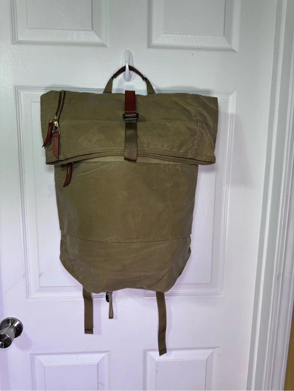 Roll-Top Canvas Backpack for Men — Khaki with Brown Trim